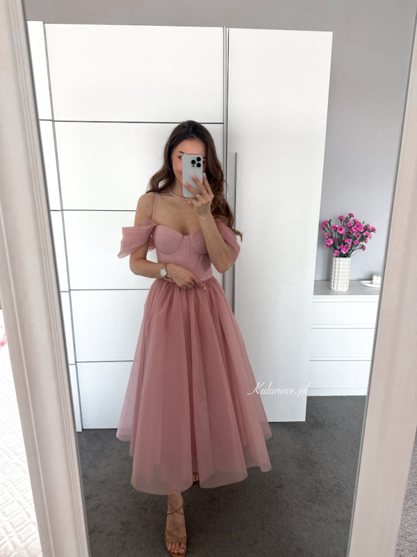 Camila - powder pink midi length dress with flared skirt and bodice