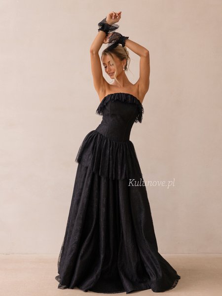 Cathy - Black lace maxi dress with a tie-front bodice