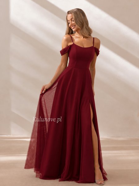 Cheryl - a burgundy maxi dress with a slit, tulle draped sleeves, and a lace-up back