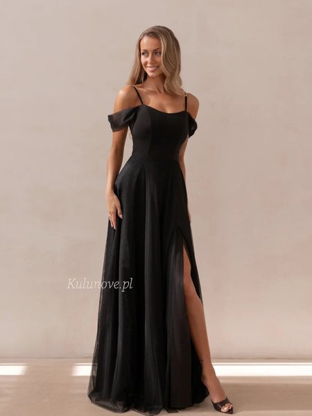Cheryl - black maxi dress with a slit, tulle sleeves, and a tie-front bodice
