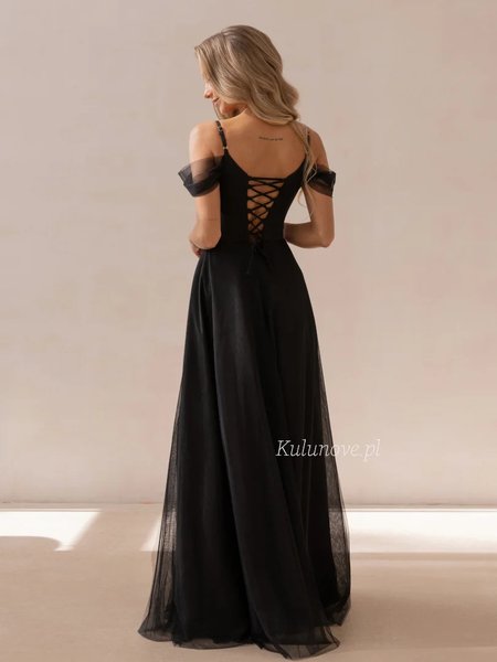 Cheryl - black maxi dress with a slit, tulle sleeves, and a tie-front bodice