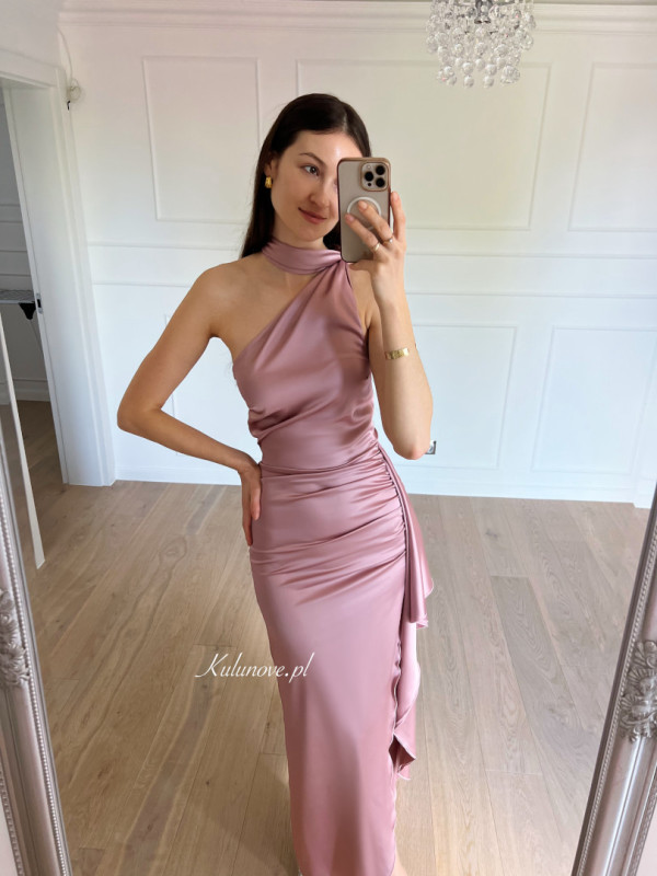 Chicago - pink satin one-shoulder dress with frill trim