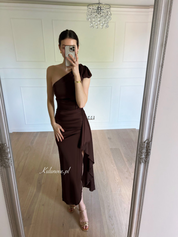 Chicago chocolate satin one-shoulder dress with tie and ruffle