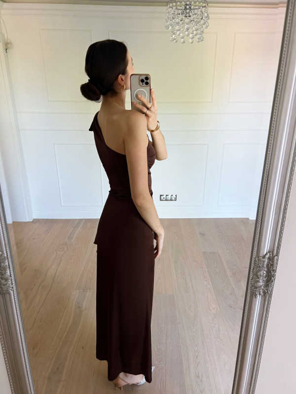 Chicago chocolate satin one-shoulder dress with tie and ruffle