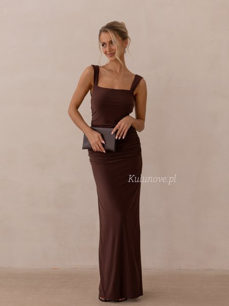 Novellia - a chocolate-brown maxi dress made of stretchy fabric with ruffles at the waist and on the straps