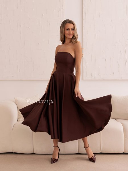 Abigail - a simple chocolate-colored midi dress with a tie-front bodice