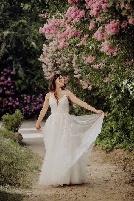 Rosalie - cream strapless wedding dress with lace inserts