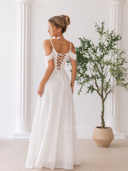 Dahlia - an ecru wedding dress with spaghetti straps, draped sleeves, and a tie-front bodice
