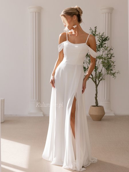 Dahlia - an ecru wedding dress with spaghetti straps, draped sleeves, and a tie-front bodice