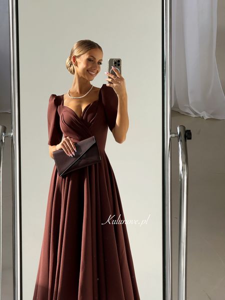 Tina - chocolate midi length dress with envelope neckline