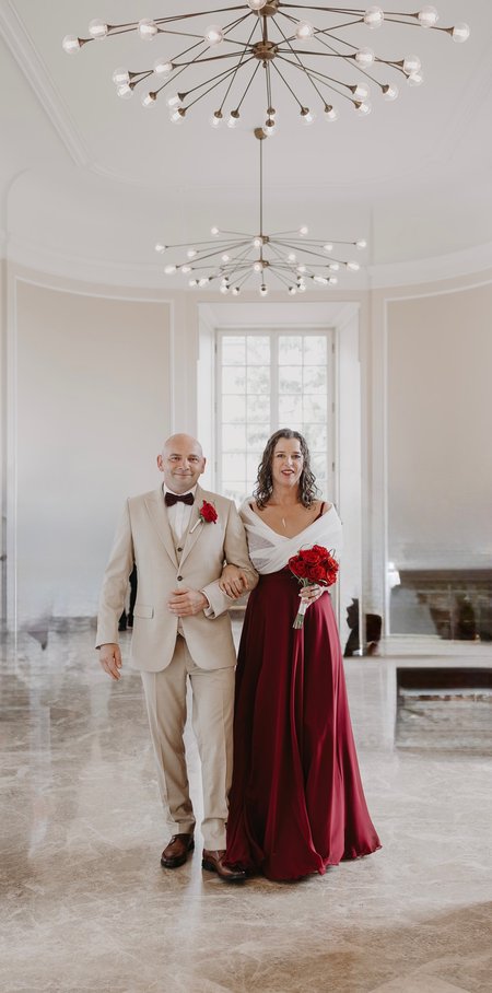 Alruna - maroon chiffon gown on thin straps with an envelope top