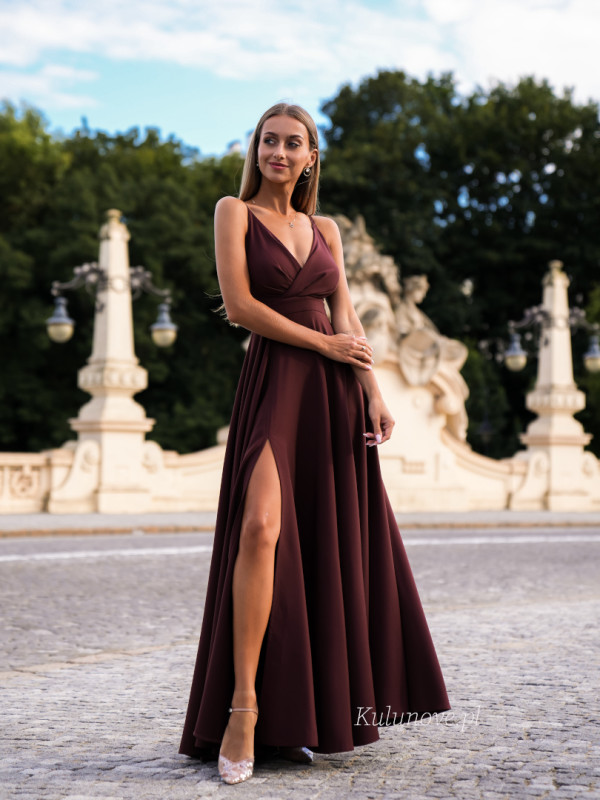 Elisabeth maxi - chocolate strapless dress with overlap neckline