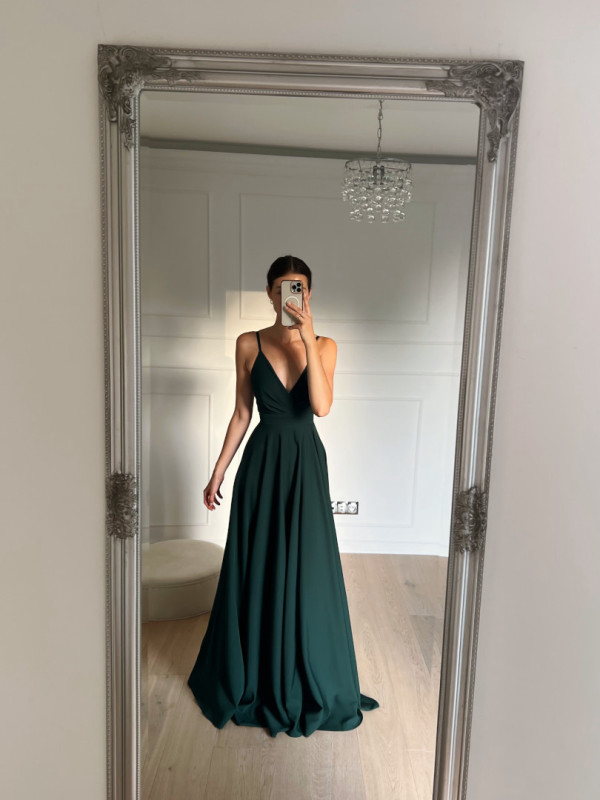 Elisabeth maxi - bottle green thin strapless gown with envelope top and leg opening
