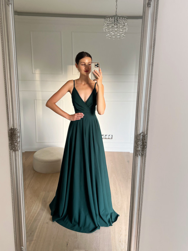 Elisabeth maxi - bottle green thin strapless gown with envelope top and leg opening