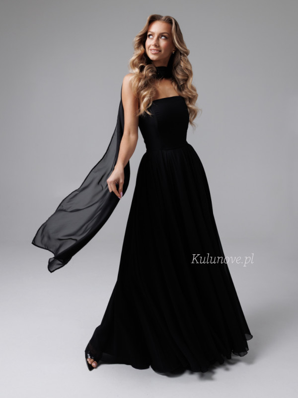 Ella - black chiffon dress with simple neckline and decorative scarf