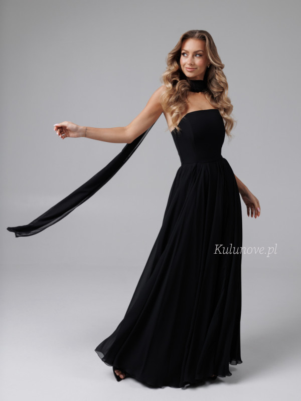Ella - black chiffon dress with simple neckline and decorative scarf
