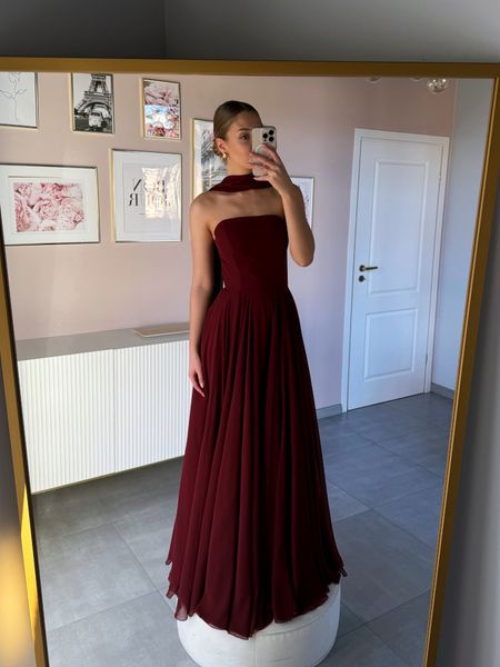 Ella - maroon light chiffon dress with corset and fabric shawl