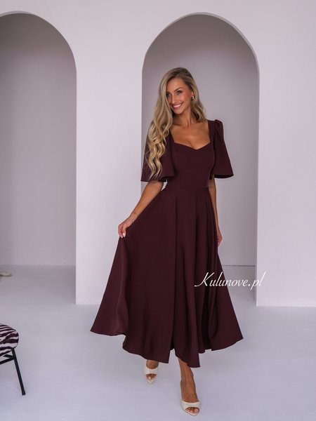 Elowen -  a chocolate-colored midi dress with short flared sleeves and a heart-shaped neckline