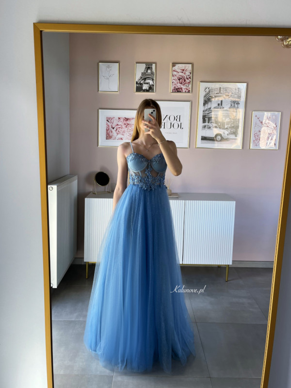 Elsa - corseted richly embellished princess style blue tulle gown covered with glitter
