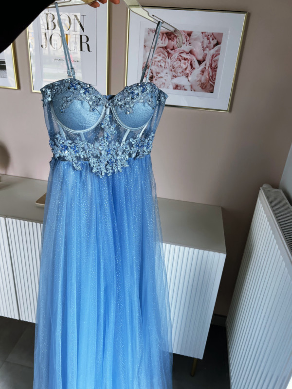 Elsa - corseted richly embellished princess style blue tulle gown covered with glitter