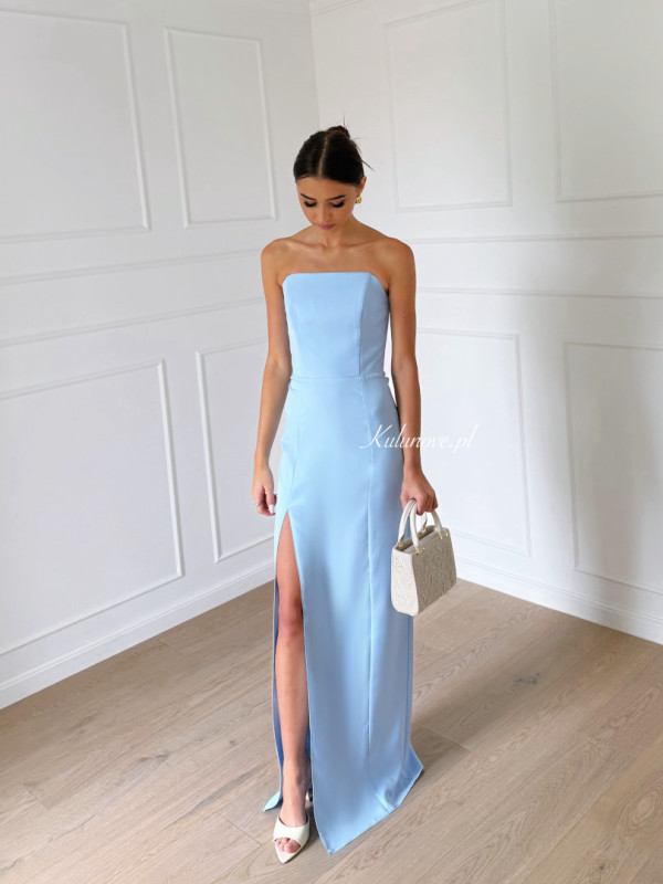 Emily - blue minimalist maxi dress with open shoulders