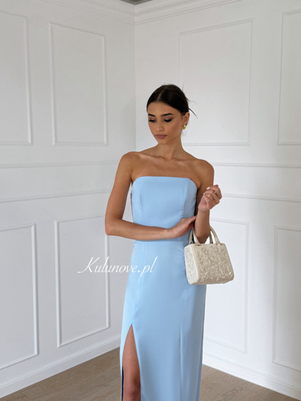 Emily - blue minimalist maxi dress with open shoulders