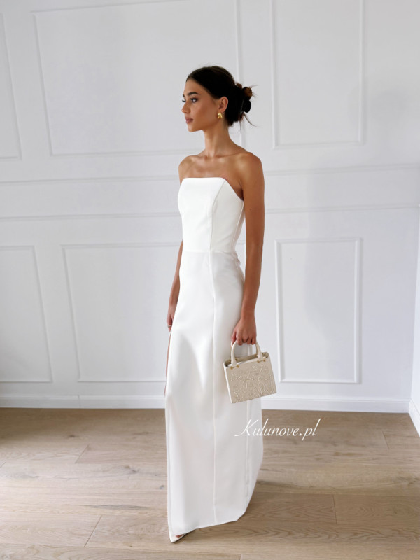 Emily - minimalist wedding dress in ecru color with simple corset top and leg slit