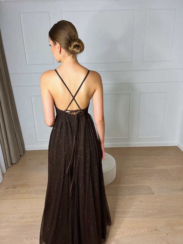 Esteris - long, shiny chocolate colored dress with tied back