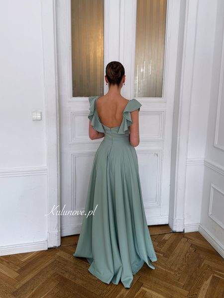 Evelina - sage wedding maxi dress with frilly straps and slit