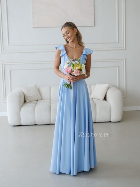 Evelina - blue maxi dress with overlap neckline on straps with frill and leg slit