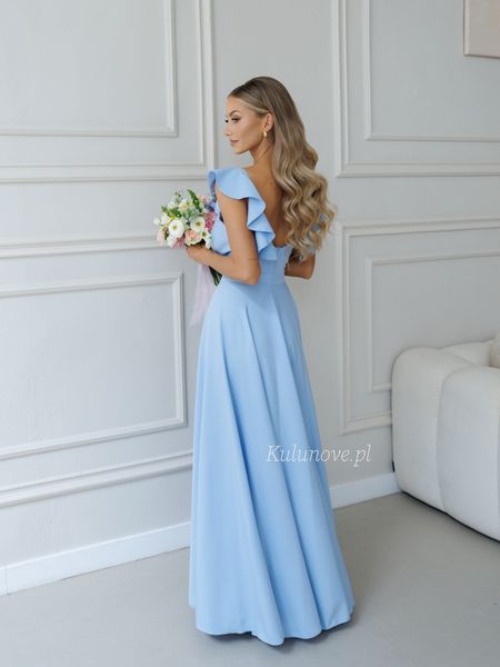 Evelina - blue maxi dress with overlap neckline on straps with frill and leg slit