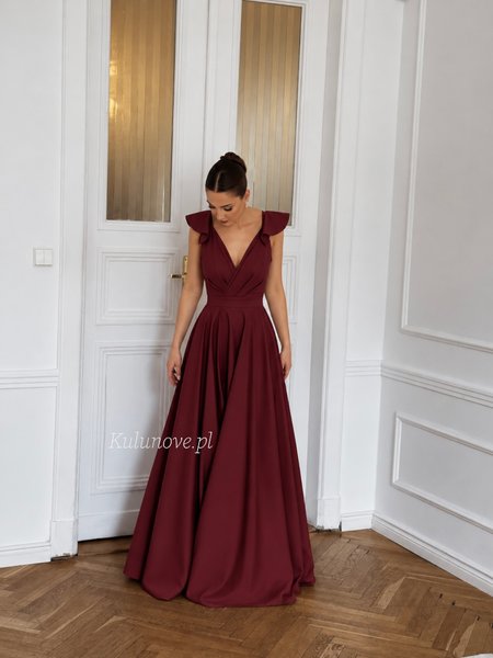 Evelina - maroon flared maxi dress with deep V neckline and ruffled straps
