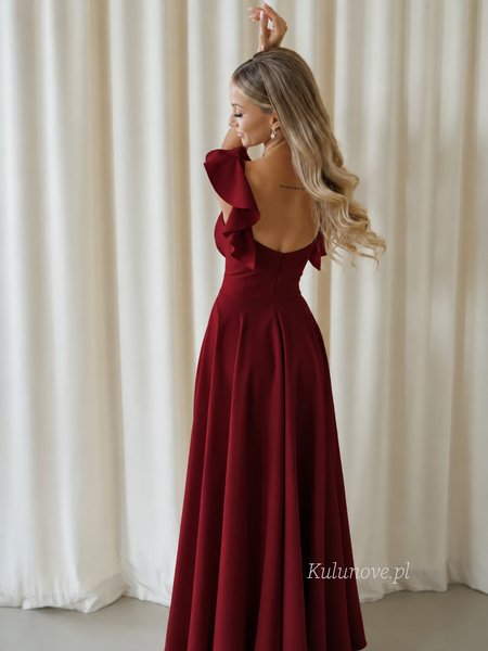 Evelina - maroon flared maxi dress with deep V neckline and ruffled straps