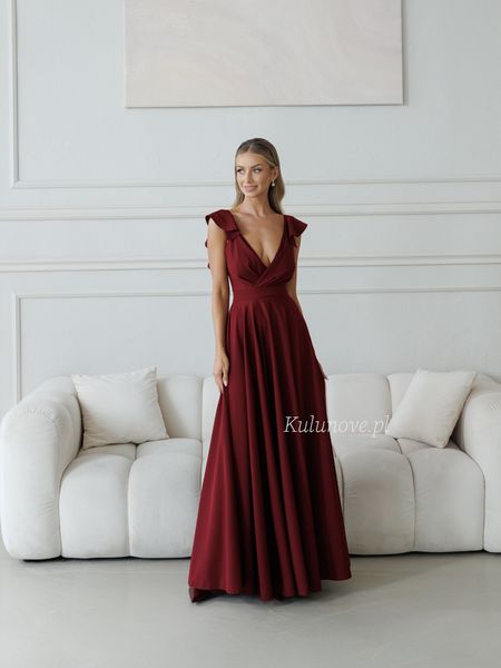 Evelina - maroon flared maxi dress with deep V neckline and ruffled straps