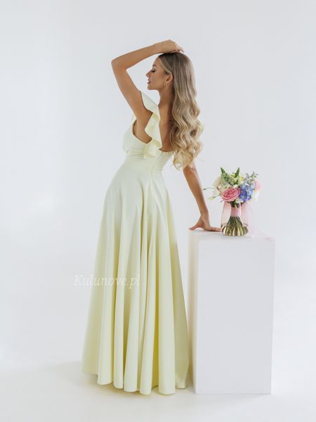Evelina - long buttercream dress with envelope neckline and eye-catching straps