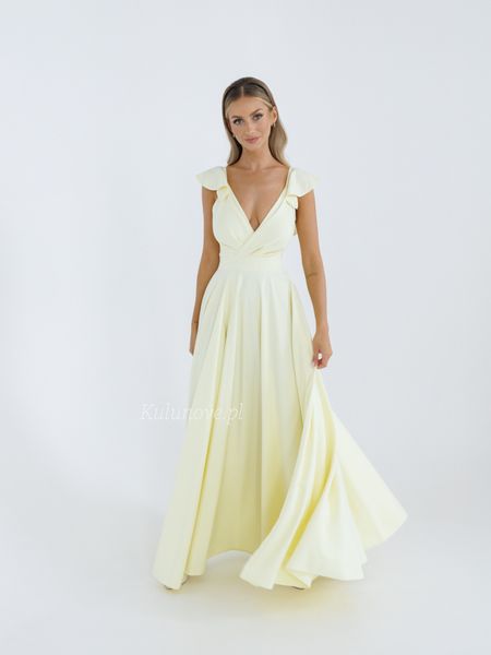 Evelina - long buttercream dress with envelope neckline and eye-catching straps