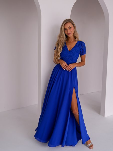Felicja - a long cornflower blue dress with lace and short sleeves