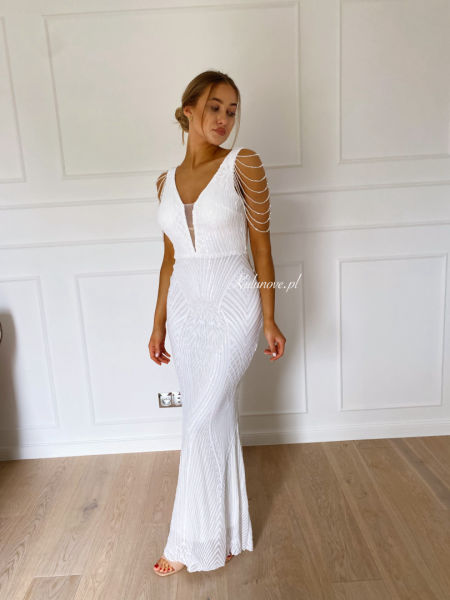 Diamond coral white - long sequin dress in white