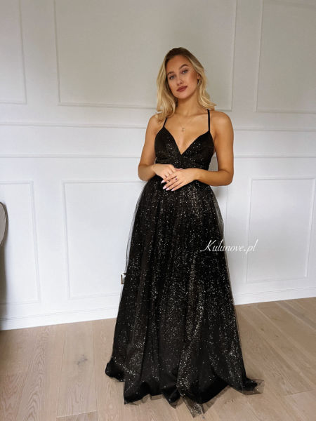Bellatris - black brocade tulle maxi princess style dress