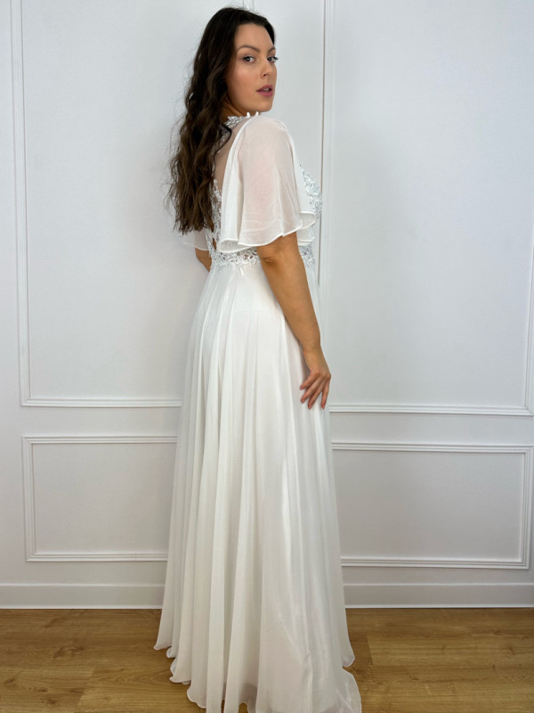 Lydia - short sleeve muslin wedding dress with holographic top and decorative back