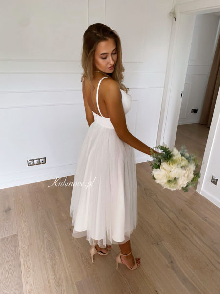 Cindrella ecru - tulle corset midi dress with thin straps