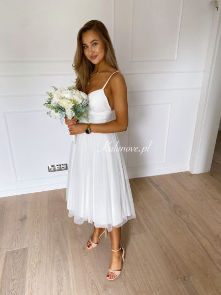 Cindrella ecru - tulle corset midi dress with thin straps