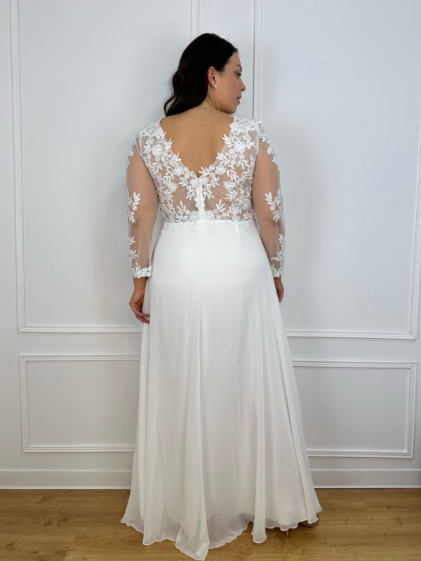 Kelly - long sleeve muslin wedding dress with holographic top with V neckline