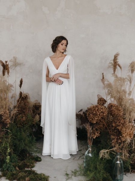Swan - chiffon wedding dress with covered shoulders