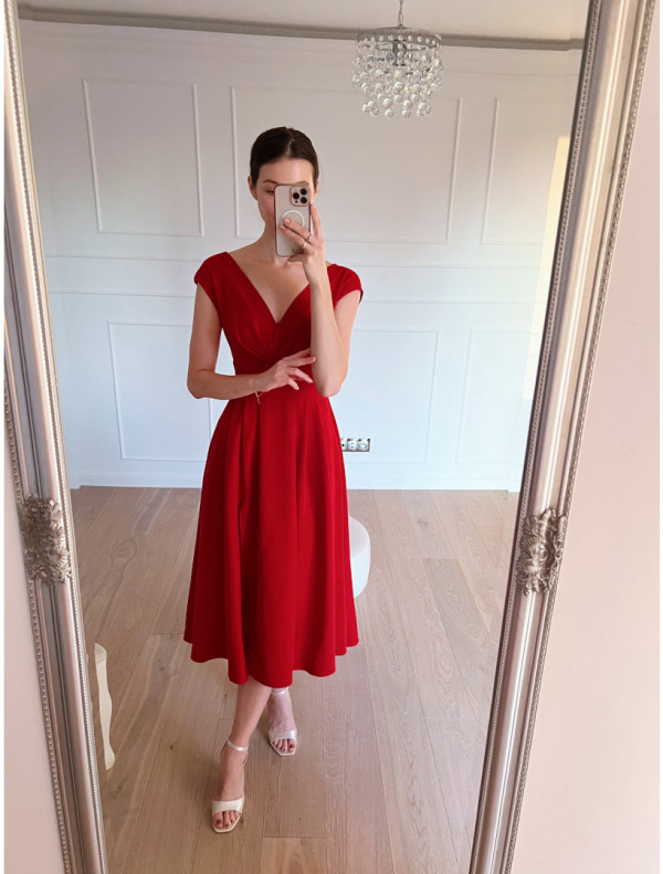 Jolie - red midi dress that subtly covers the shoulders