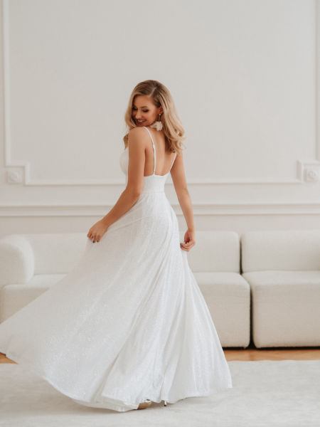 Como white - sequin glitter wedding dress with thin straps