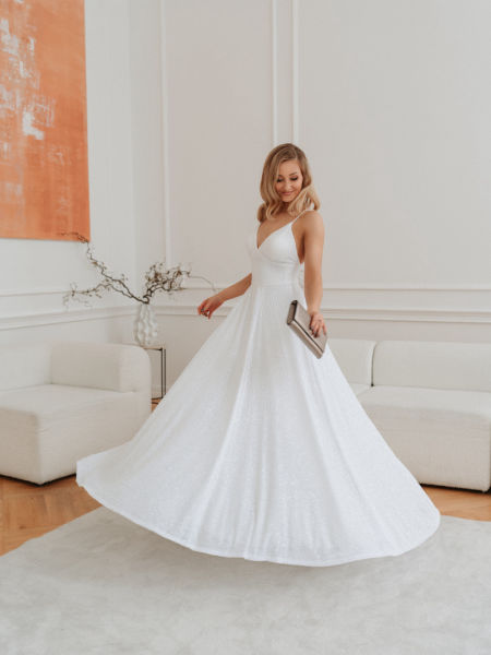 Como white - sequin glitter wedding dress with thin straps