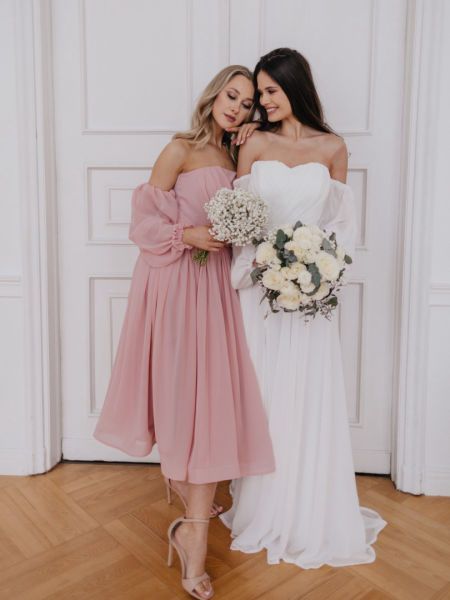 Rosella - chiffon wedding dress with train with crinkled bodice