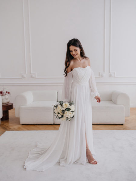 Rosella - chiffon wedding dress with train with crinkled bodice