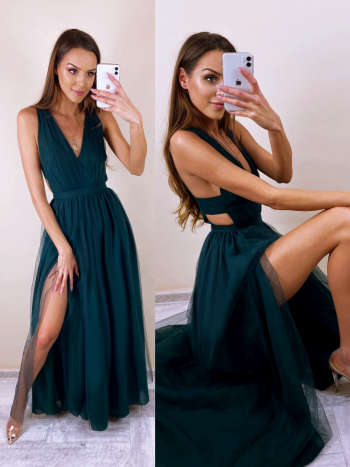 Paris bottle green - maxi dress with leg slit